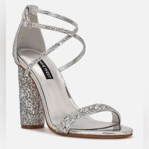 Nine West Celebra 3 Sparkling Silver Strappy Heels -Size 8 SLIGHTLY FLAWED